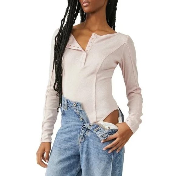 Free People Sloane Body Suit Long Sleeve Light Pink XS - Picture 3 of 5